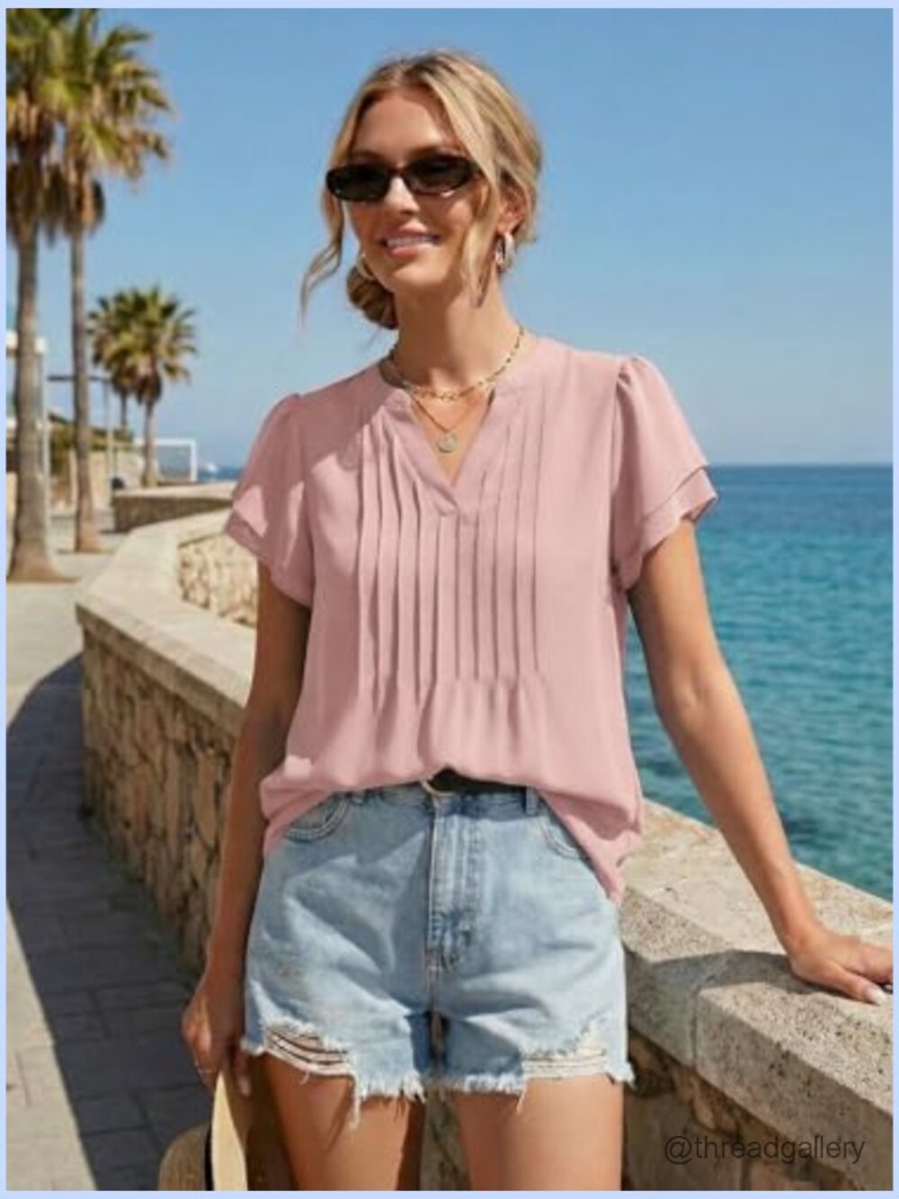 Women's Dressy Casual Short Sleeve Pintuck Chiffon Blouse Tunic Top - Picture 4 of 7